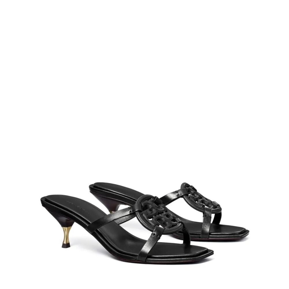 Tory Burch Geo Bombe Miller Leather Black Gold Heeled Sandals- Size 8.5 - Picture 5 of 15